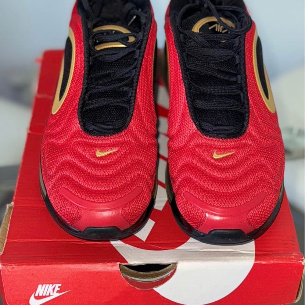Nike Red and Black Athletic Shoes with Gold for Women size 5, used but clean